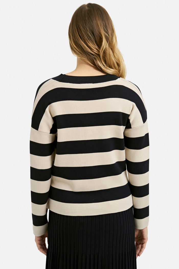 Milano 33-5048-9719 Navy Cream Stripe Button Front Cardigan - Dotique Chesterfield