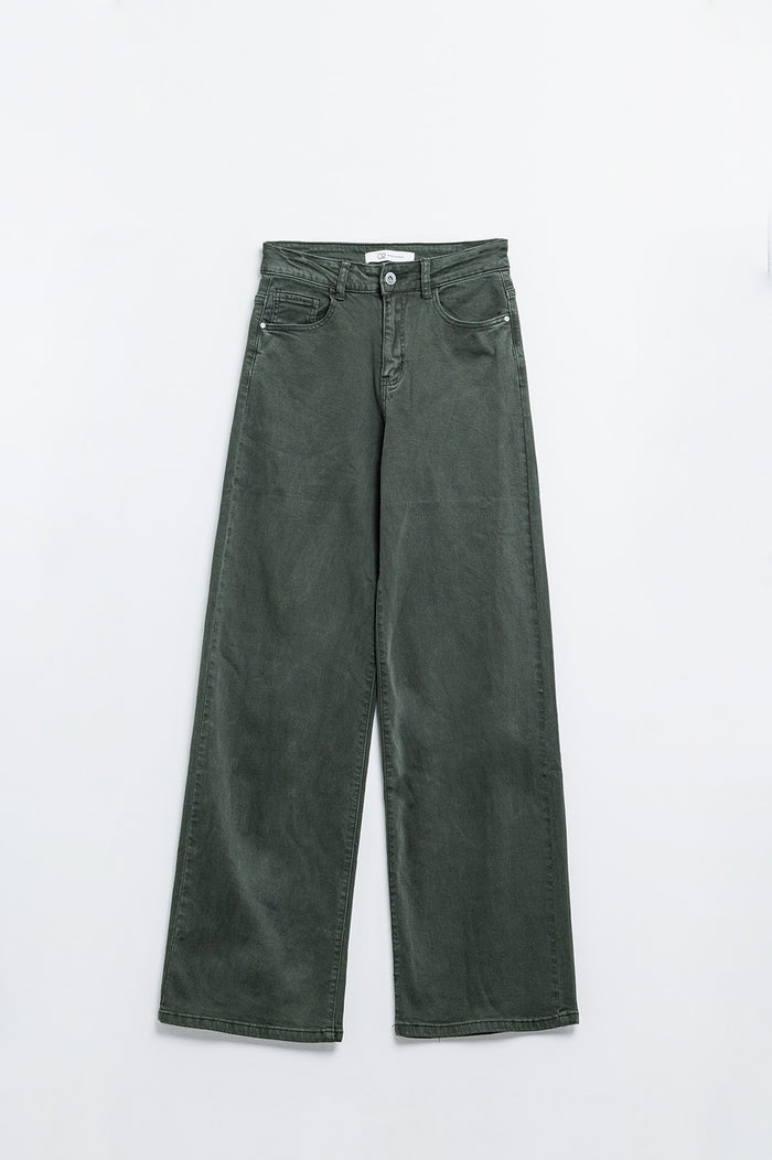 Military green high-waisted wide-leg pants - Coloured Jeans