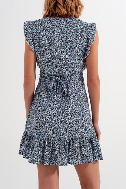 Mini dress with ruffle sleeve in ditsy floral in blue - dress