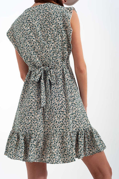 Mini dress with ruffle sleeve in ditsy floral in green - dress