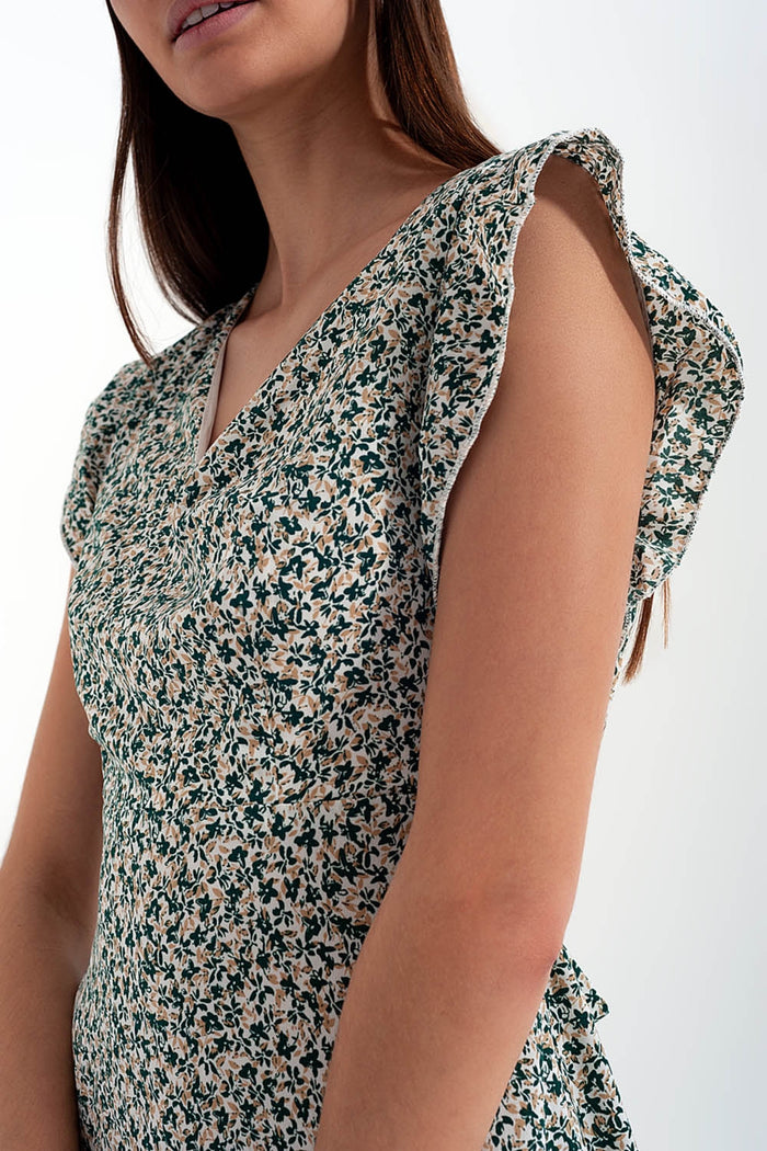 Mini dress with ruffle sleeve in ditsy floral in green - dress