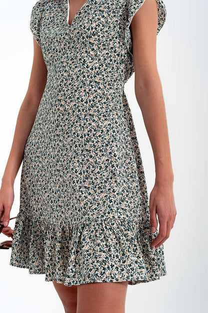 Mini dress with ruffle sleeve in ditsy floral in green - dress