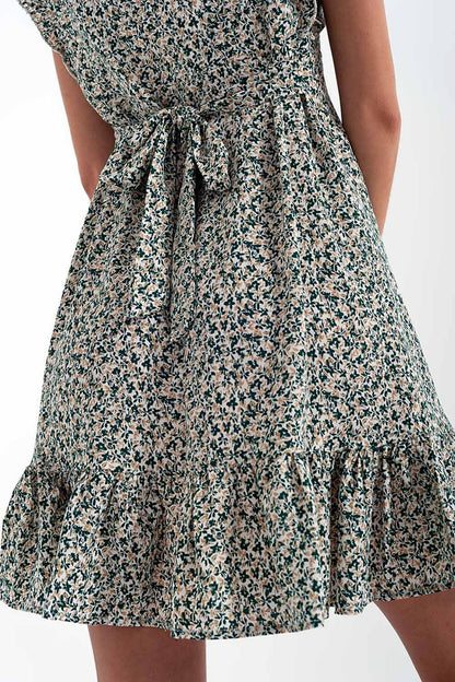 Mini dress with ruffle sleeve in ditsy floral in green - dress