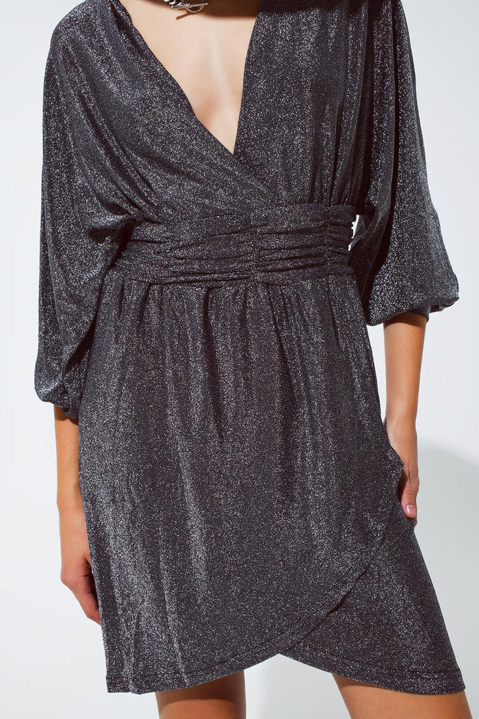 Mini length glitter dress with deep V neck in silver - dress