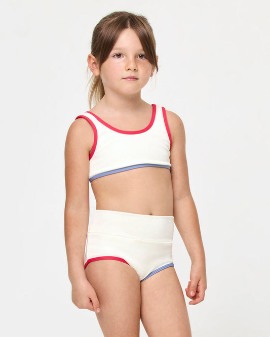 LSPACE Mini Me set in Cream-Pout-Chambray, front view on model.