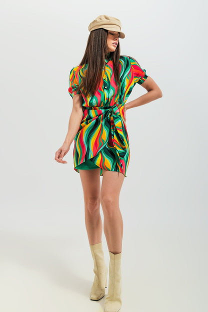 Mini wrap shirt dress in green swirl print - dress