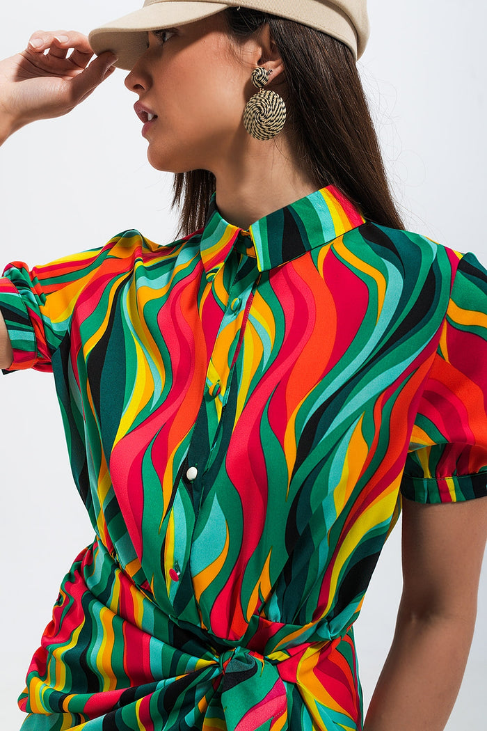 Mini wrap shirt dress in green swirl print - dress