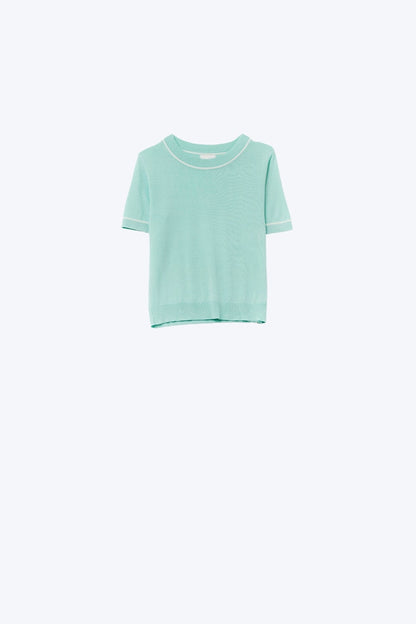 Mint Green Short Sleeve Knit Top with White Contrast Trims