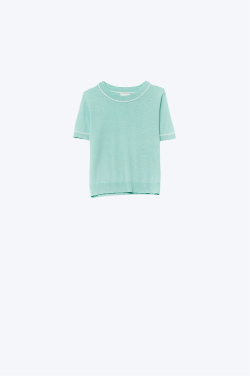 Mint Green Short Sleeve Knit Top with White Contrast Trims