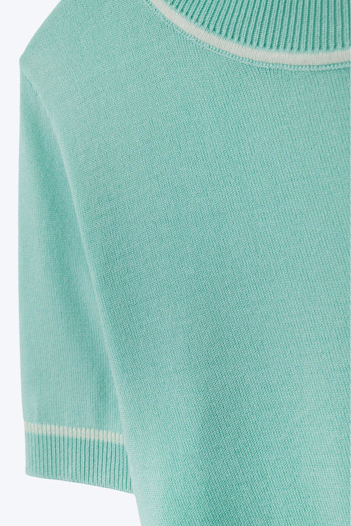 Mint Green Short Sleeve Knit Top with White Contrast Trims