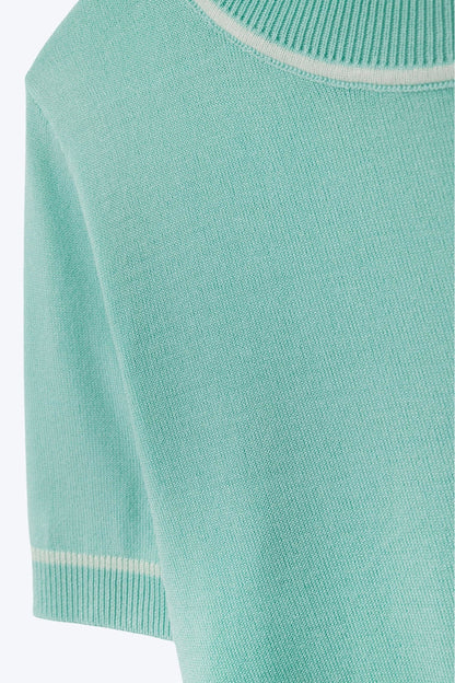Mint Green Short Sleeve Knit Top with White Contrast Trims