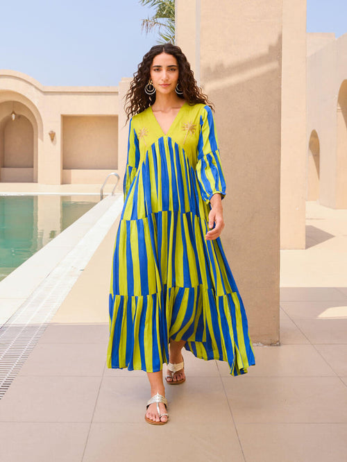 Pinklay striped modal satin maxi dress with hand embroidery and pockets.
