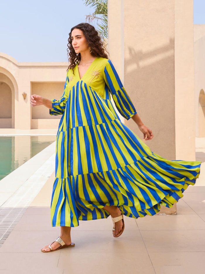 Pinklay striped modal satin maxi dress with hand embroidery and pockets.