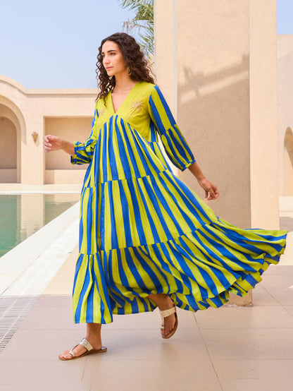 Pinklay striped modal satin maxi dress with hand embroidery and pockets.
