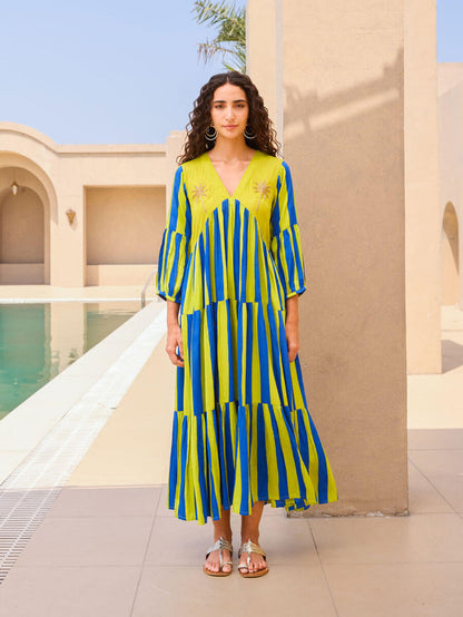 Pinklay striped modal satin maxi dress with hand embroidery and pockets.