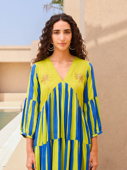 Pinklay striped modal satin maxi dress with hand embroidery and pockets.