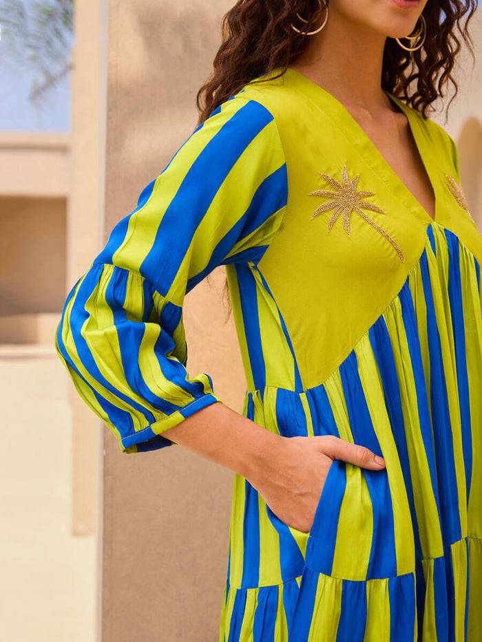 Pinklay striped modal satin maxi dress with hand embroidery and pockets.
