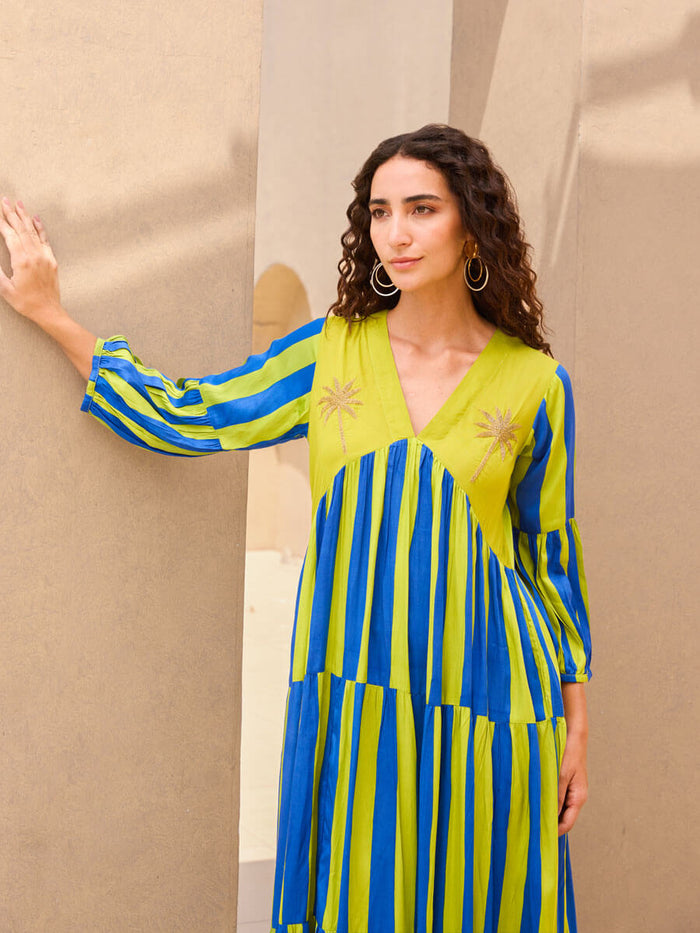 Pinklay striped modal satin maxi dress with hand embroidery and pockets.