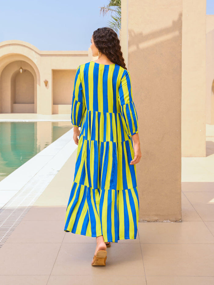 Pinklay striped modal satin maxi dress with hand embroidery and pockets.