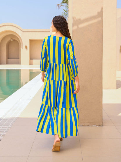 Pinklay striped modal satin maxi dress with hand embroidery and pockets.