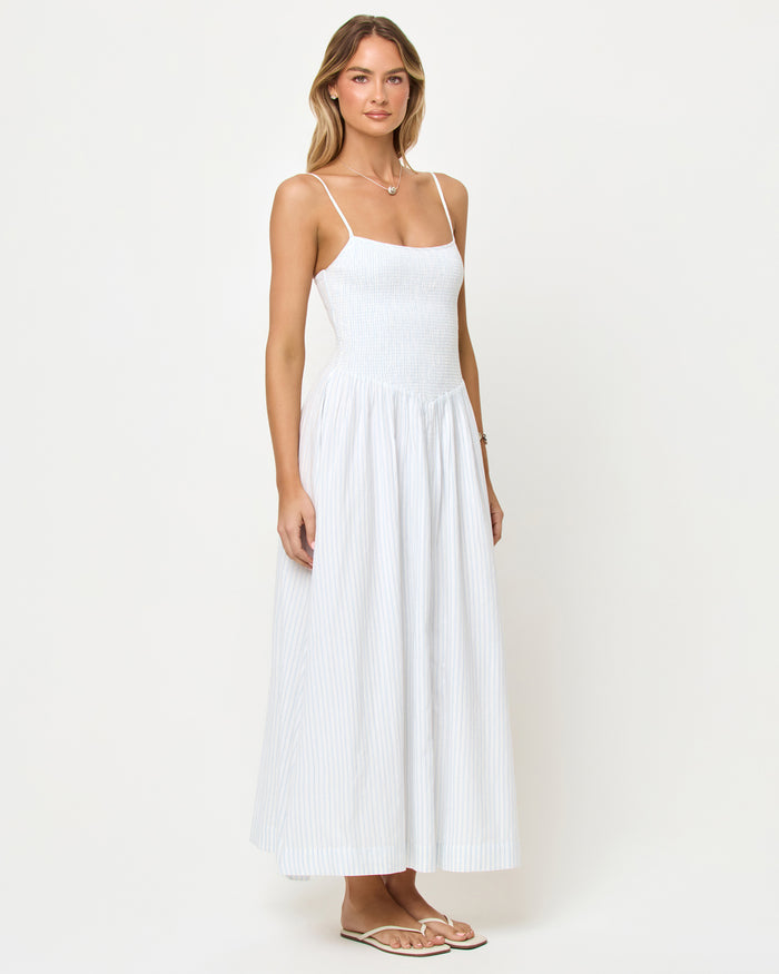 LSPACE Misha midi in Pebble Blue Stripe, front view on model.