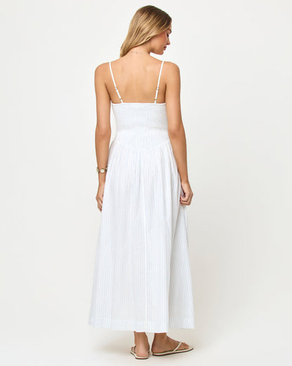LSPACE Misha midi in Pebble Blue Stripe, back view on model.