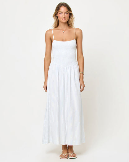 LSPACE Misha midi in Pebble Blue Stripe, three-quarter view on model.