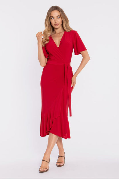 Moe Midi Daydress with Flattering Wrap Design red - Dresses