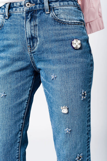 Mom jeans with embroidered stars - Denim