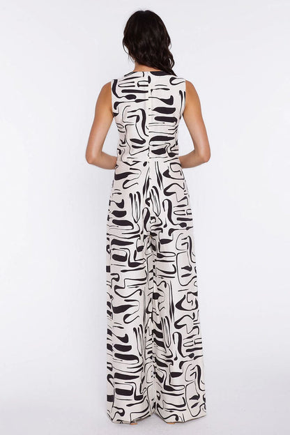 Monochrome Abstract Wide-Leg Jumpsuit - Jumpsuits