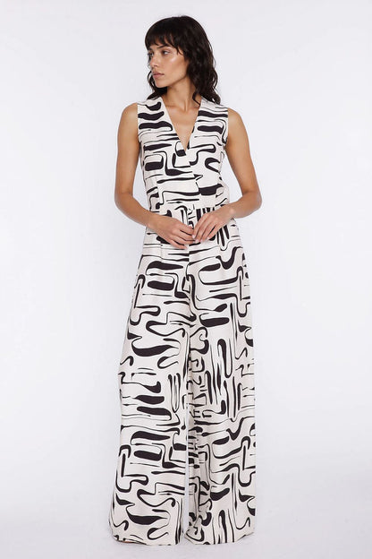 Monochrome Abstract Wide-Leg Jumpsuit - Jumpsuits