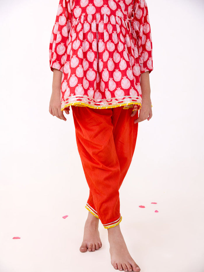 girls red printed kurta pajama set - Pinklay