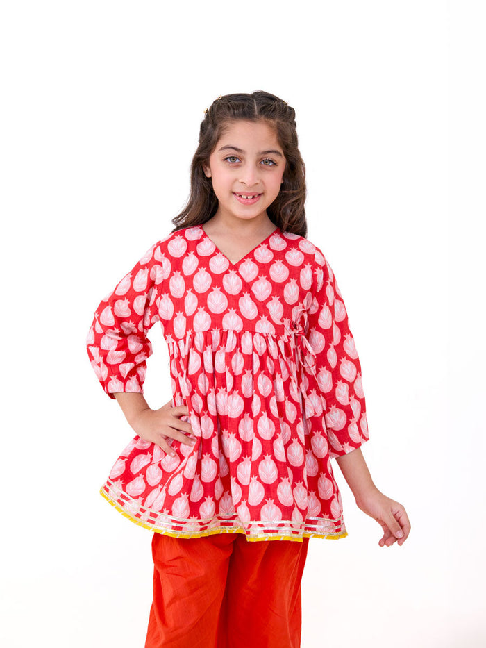 girls red printed kurta pajama set - Pinklay