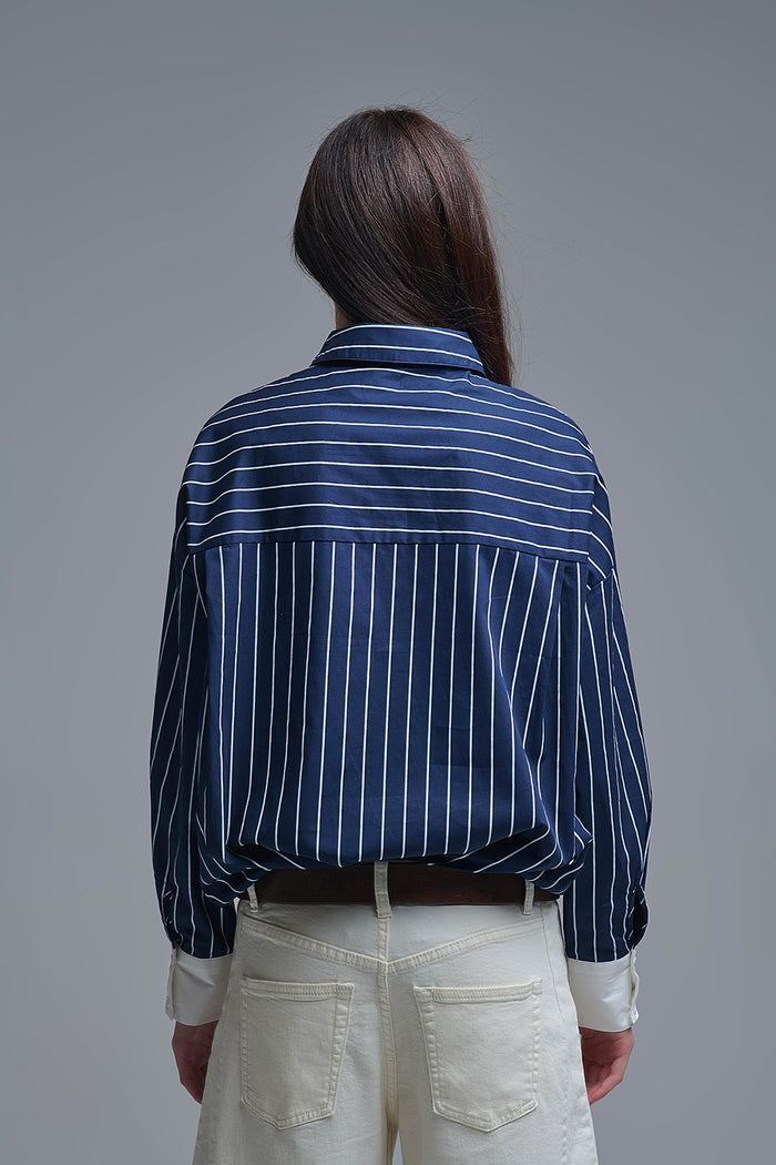 Navy Blue Striped High-Collar Shirt in soft poplin - Shirts