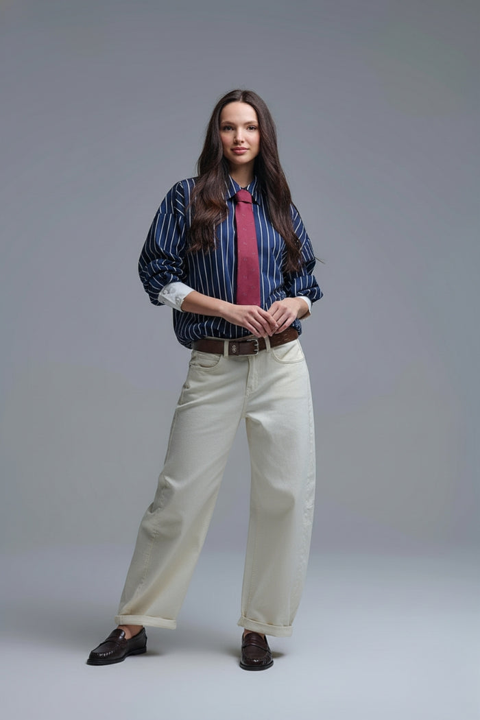 Navy Blue Striped High-Collar Shirt in soft poplin - Shirts