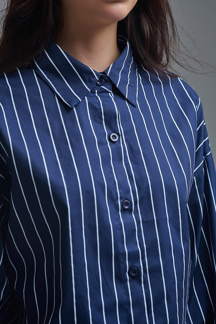 Navy Blue Striped High-Collar Shirt in soft poplin - Shirts