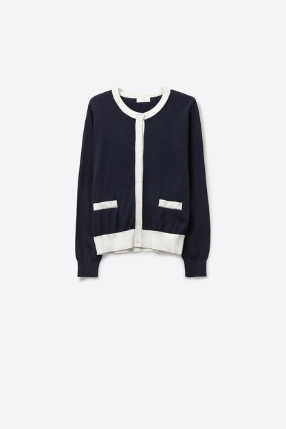 Navy Button-Up Cardigan with White Trim Accents