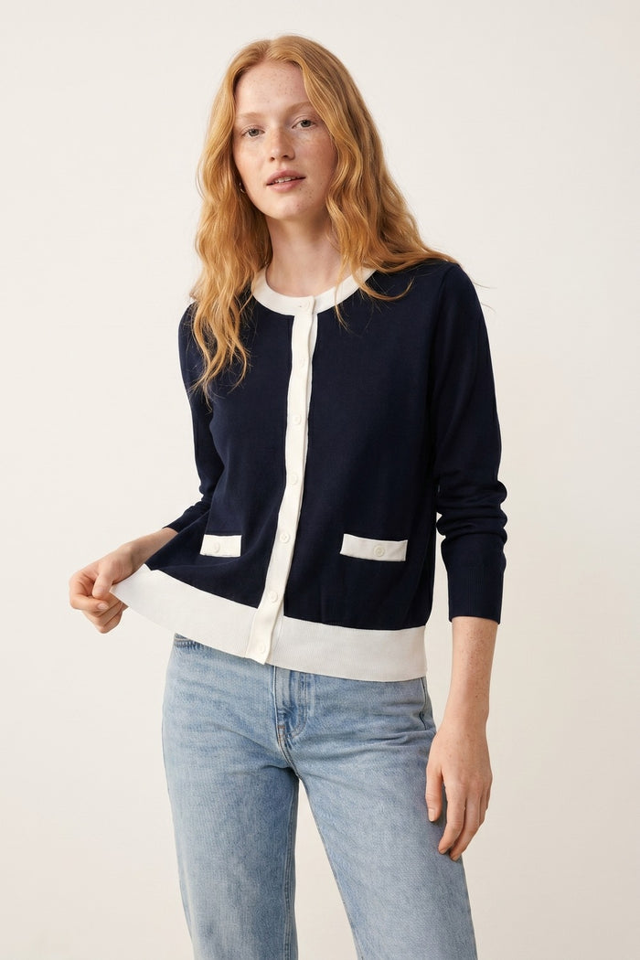 Navy Button-Up Cardigan with White Trim Accents