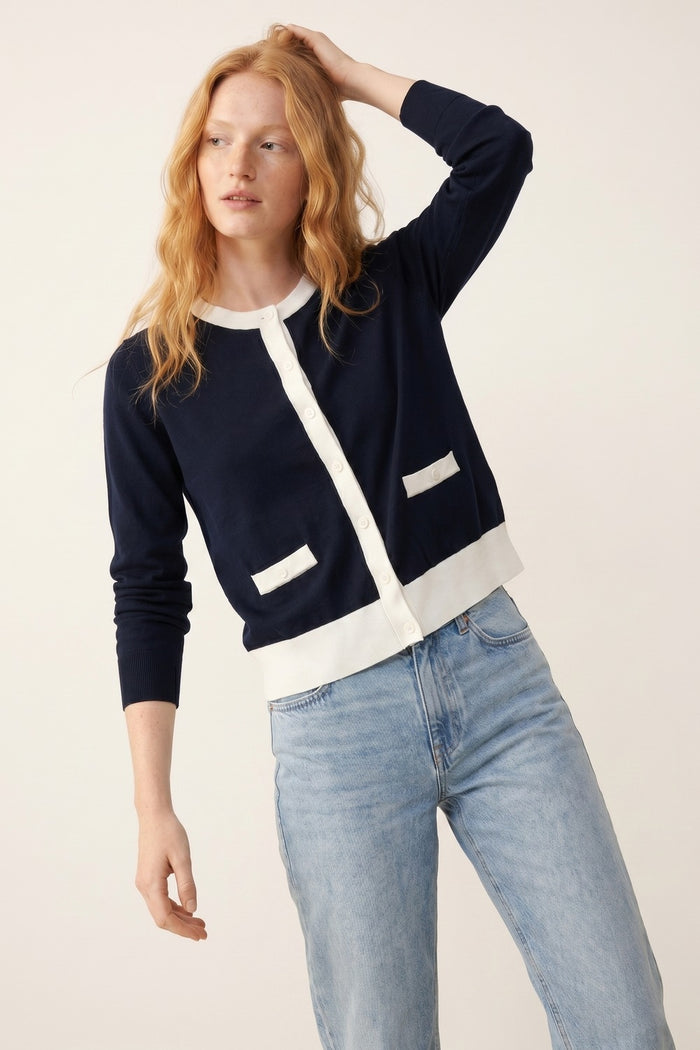 Navy Button-Up Cardigan with White Trim Accents