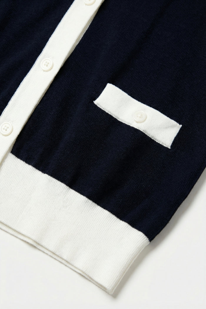 Navy Button-Up Cardigan with White Trim Accents