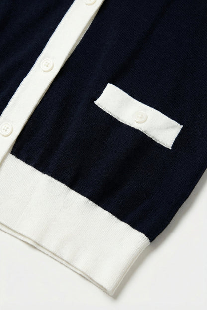 Navy Button-Up Cardigan with White Trim Accents