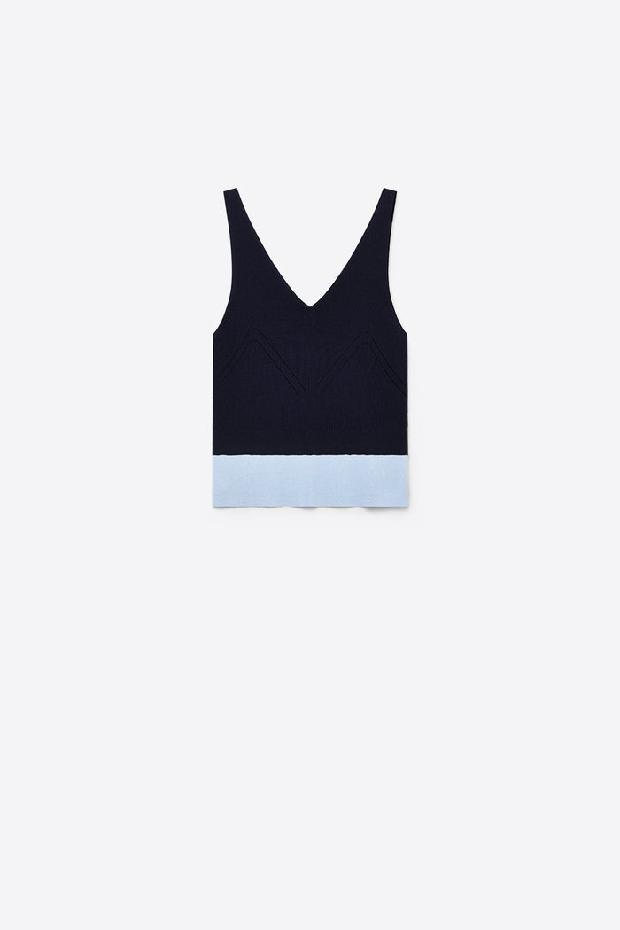 Navy Color-Block Ribbed Knit V-Neck Cropped Tank Top