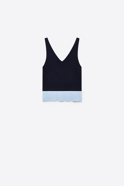Navy Color-Block Ribbed Knit V-Neck Cropped Tank Top