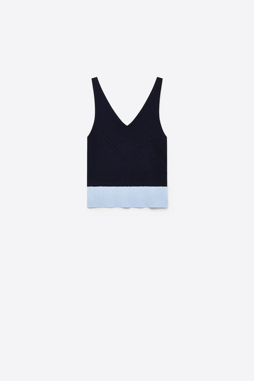 Navy Color-Block Ribbed Knit V-Neck Cropped Tank Top
