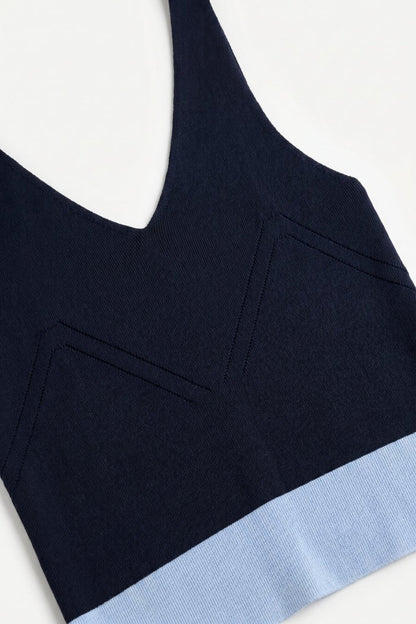 Navy Color-Block Ribbed Knit V-Neck Cropped Tank Top