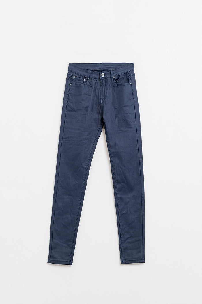 Navy Faux Leather Super Skinny Pants - trousers