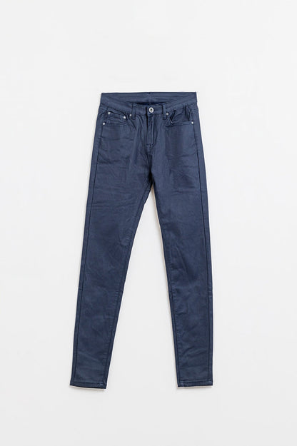 Navy Faux Leather Super Skinny Pants - trousers