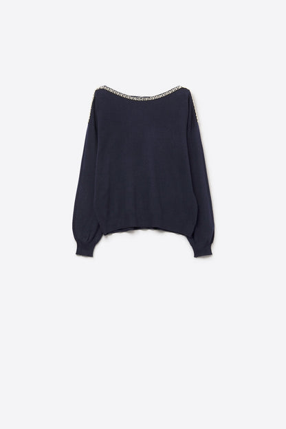 navy fine knit sweater with a boat neck and rhinestone detail