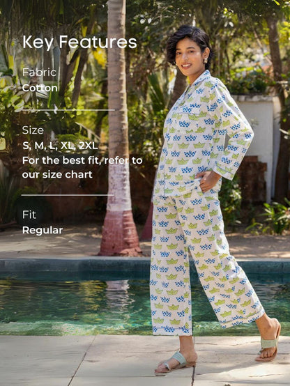 Navy Hand Block Printed Cotton Pyjama Set