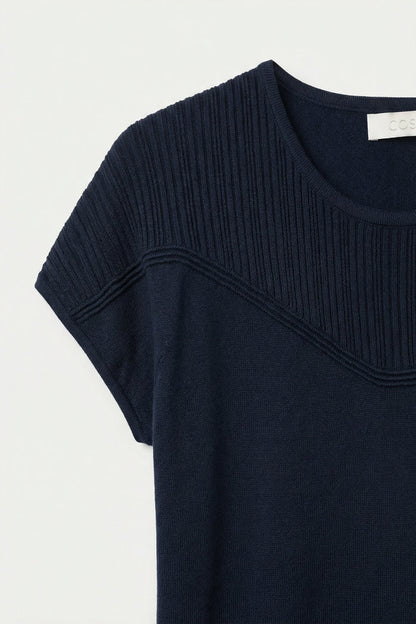 Navy Knit sweater with Ribbed Detail and Cap Sleeves